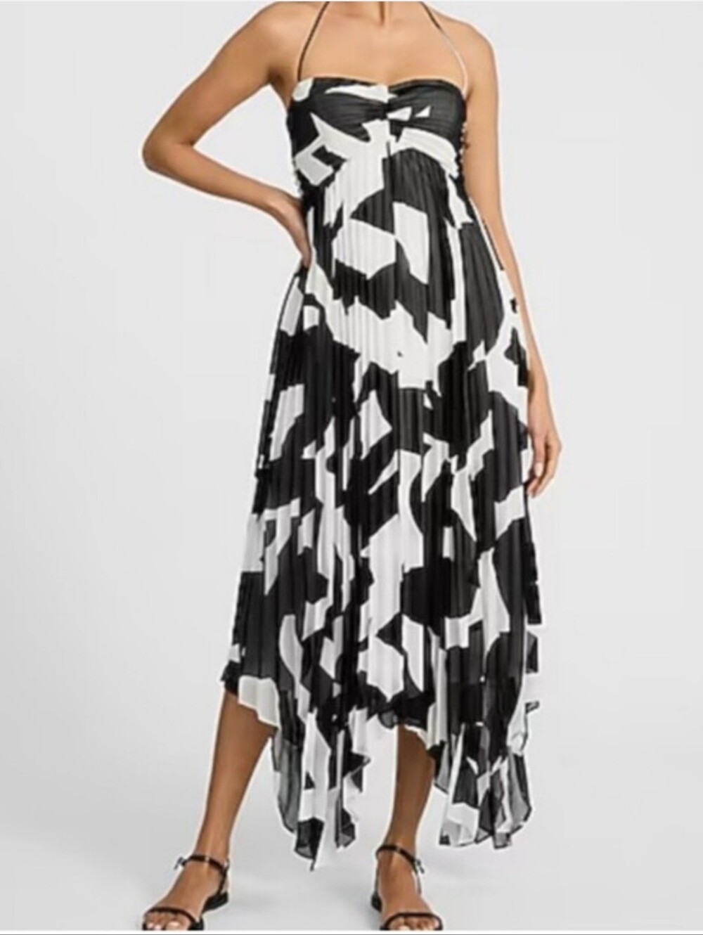 Express Tie Halter Black & White Pleated Midi Dress
